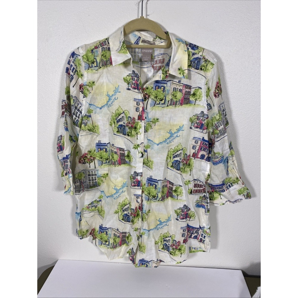 Chico's Shirt Womens 1‎ 8/10 No Iron Linen Button Up Tunic C1